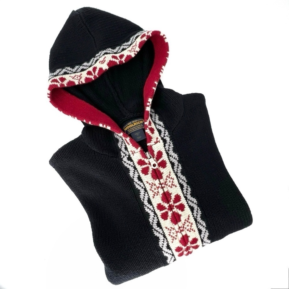 Woolrich Sweater Womens Size XL Ramie & Cotton Hooded Zip Front Black Red Blue - Picture 6 of 7